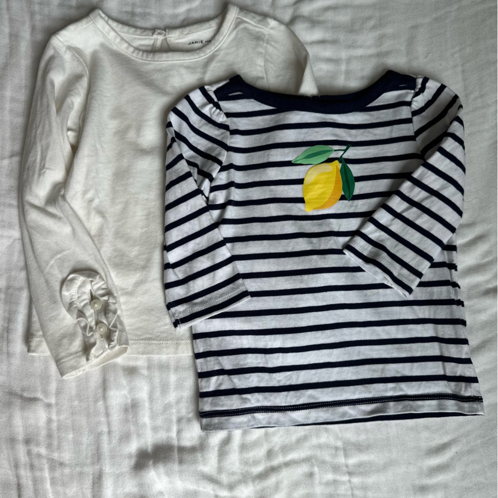 Janie and Jack Navy & White Striped Lemon Tee & white blouse with ruffle cuffs